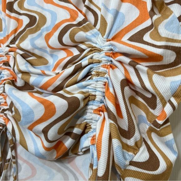 Funky Retro 70’s Top White Blue Brown Orange Geo Stripes Ribbed Short Sleeve XL - Picture 2 of 10